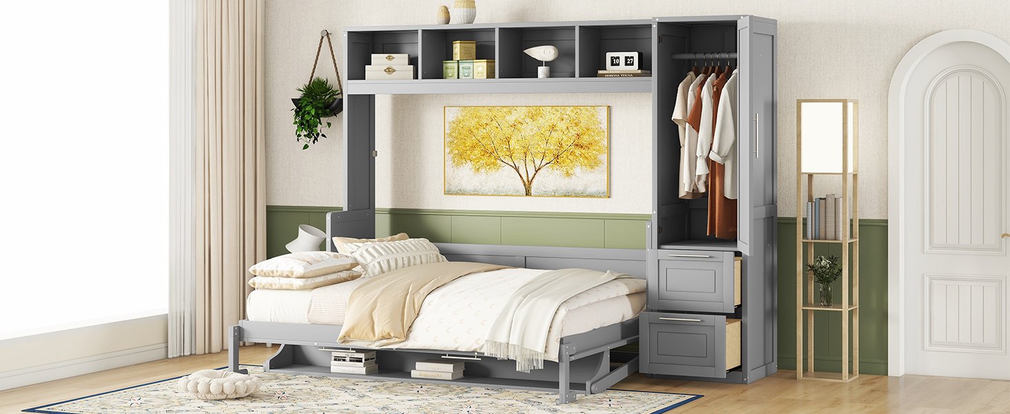 Queen Size Murphy Wall Bed With Closet And Drawers - Gray - Image 22