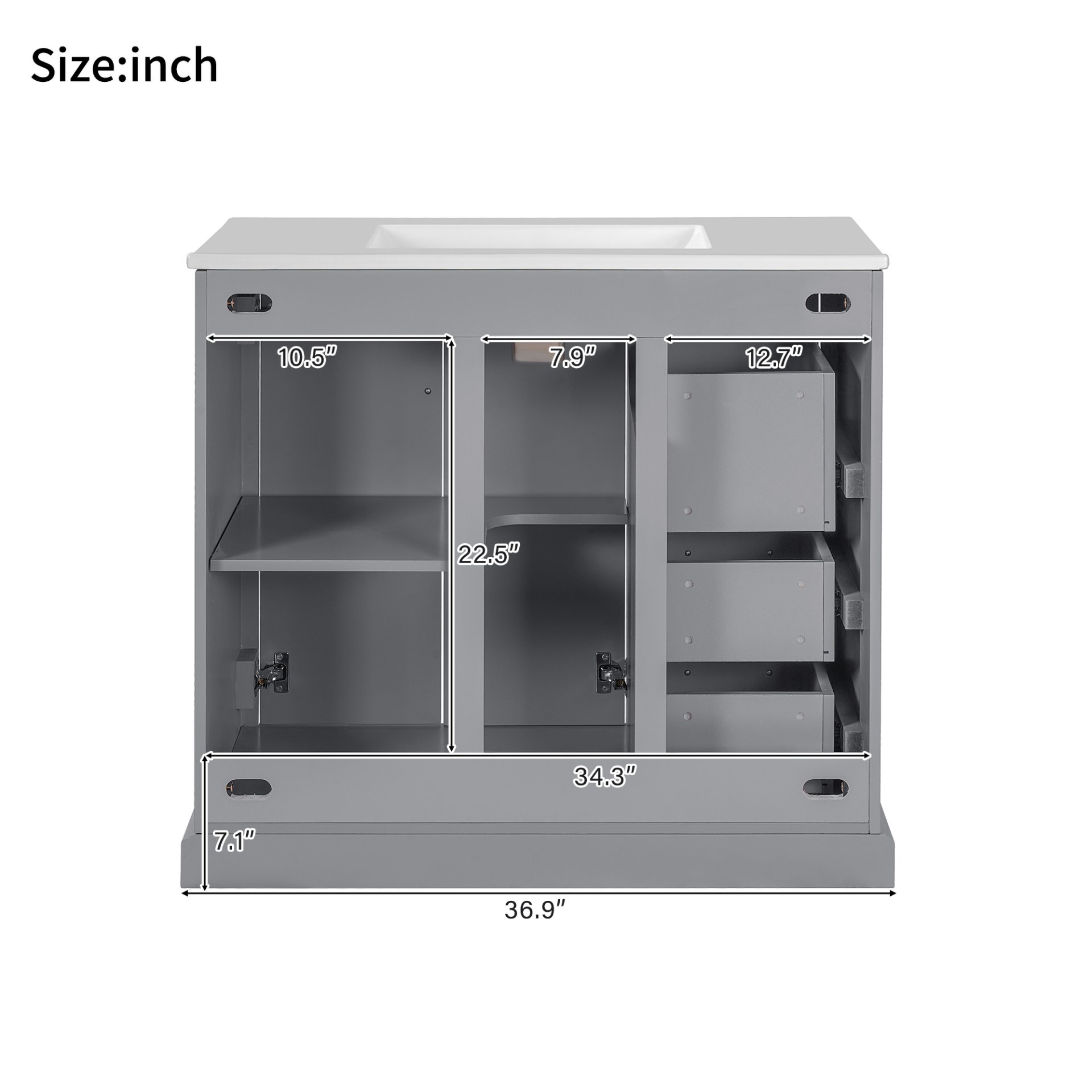 36" Bathroom Vanity With Sink, Soft Close Doors, Adjustable Shelf & 3 Drawers - Gray - Image 10