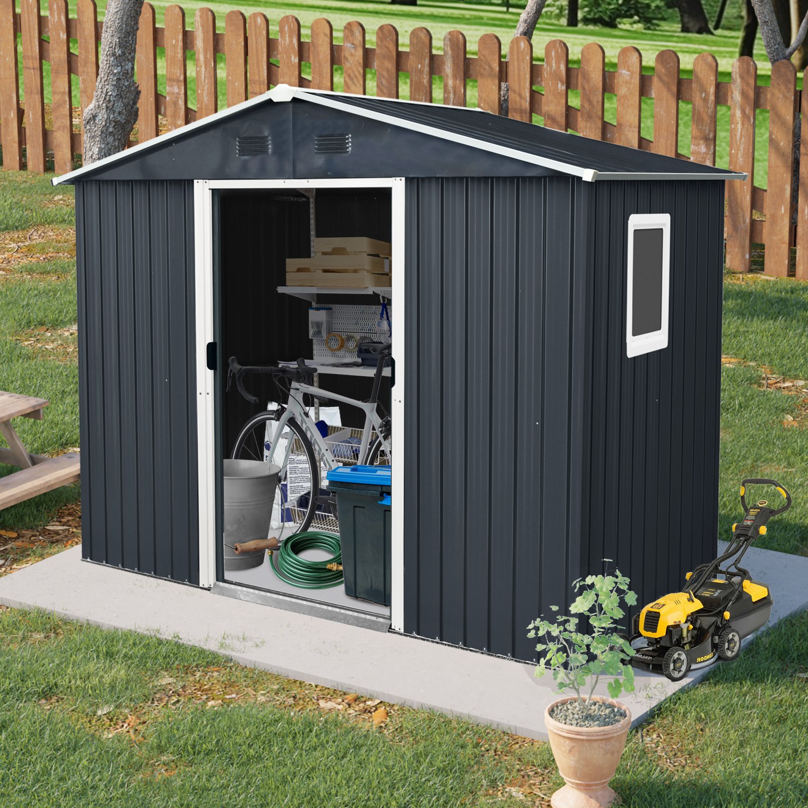 8Ft X 4Ft Outdoor Metal Storage Shed With Window And Metal Foundation For Backyard, Patio, Lawn - Black / White - Image 4