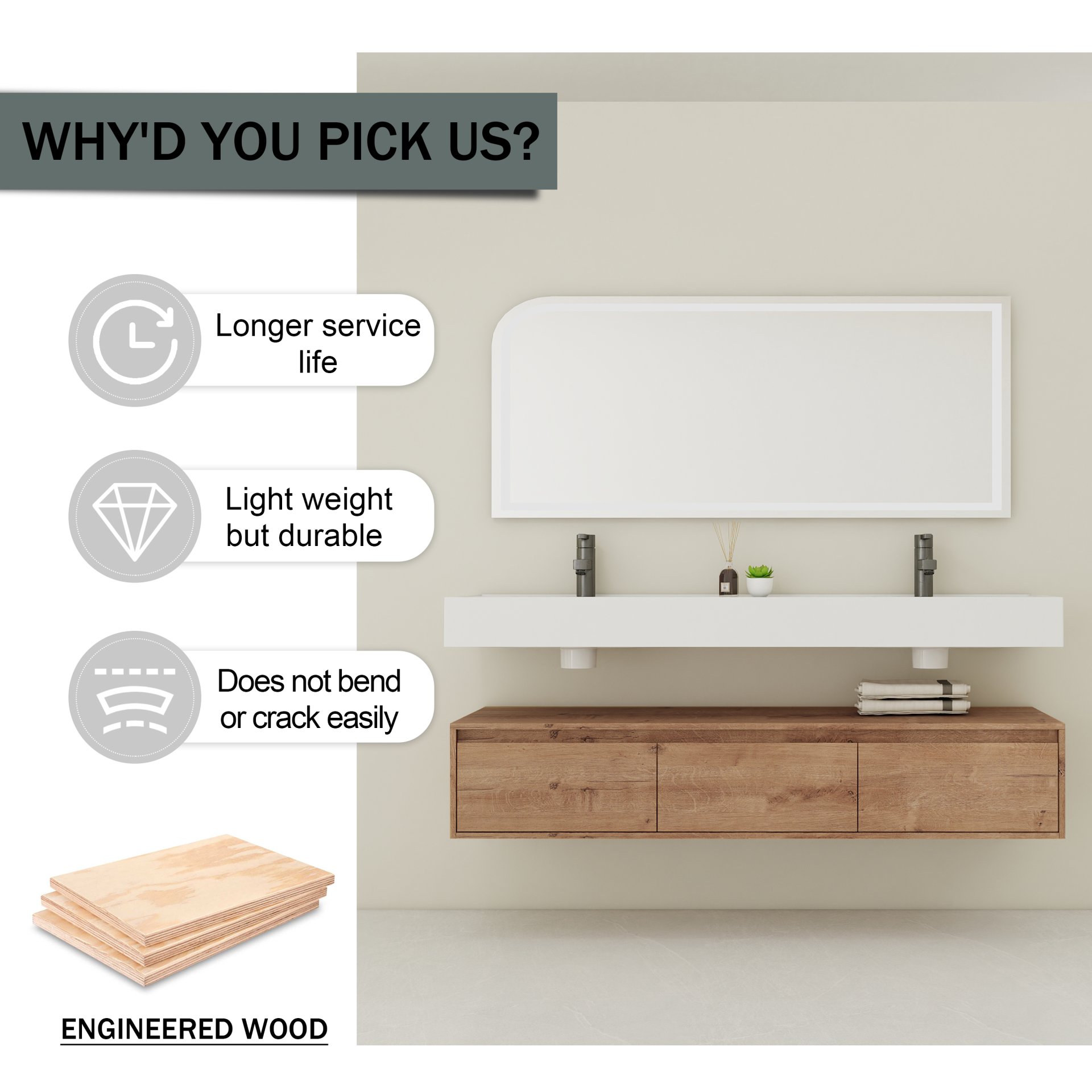 Contemporary Wall Mounted Bathroom Vanity With Dual Resin Sink And Soft Close Drawer - Imitative Oak - Image 10