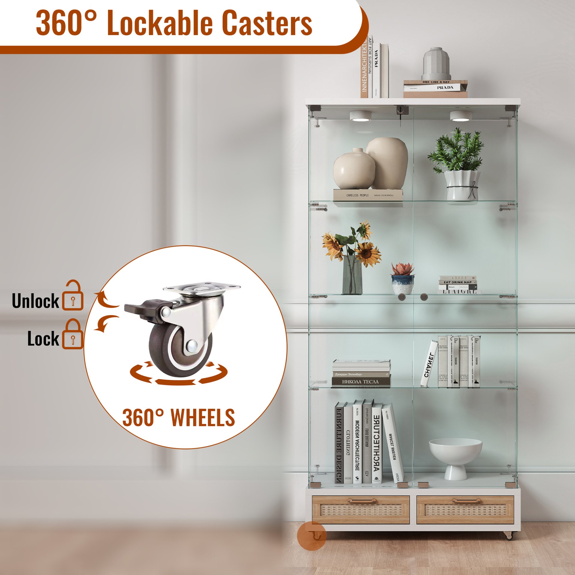 Glass Display Cabinet With LED Lights, Tempered Glass Doors, Large Drawers, 2 Door Storage Case With 4 Shelves - Natural / White - Image 18