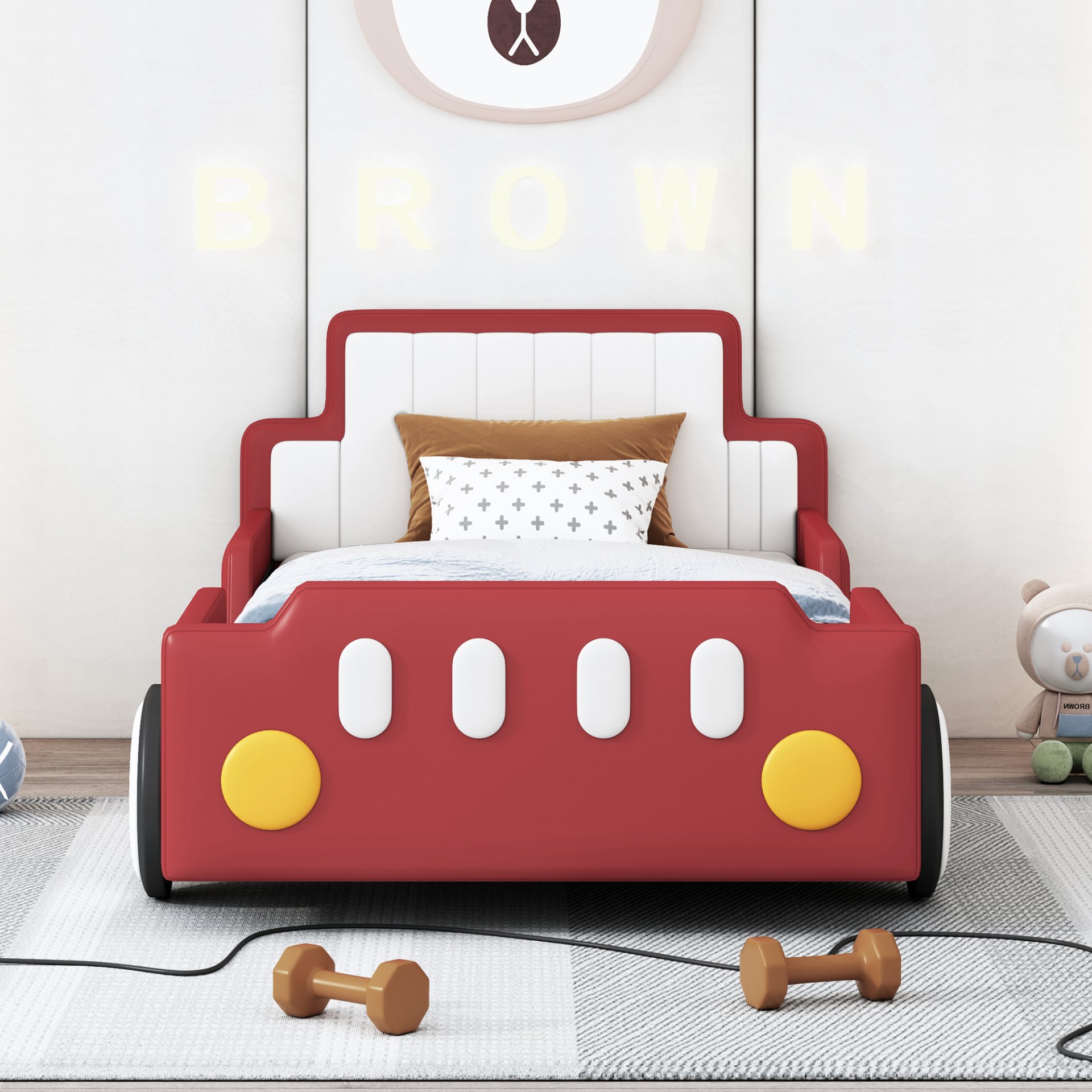 Twin Size Race Car Shaped Platform Bed & Wheels - Red - Image 2