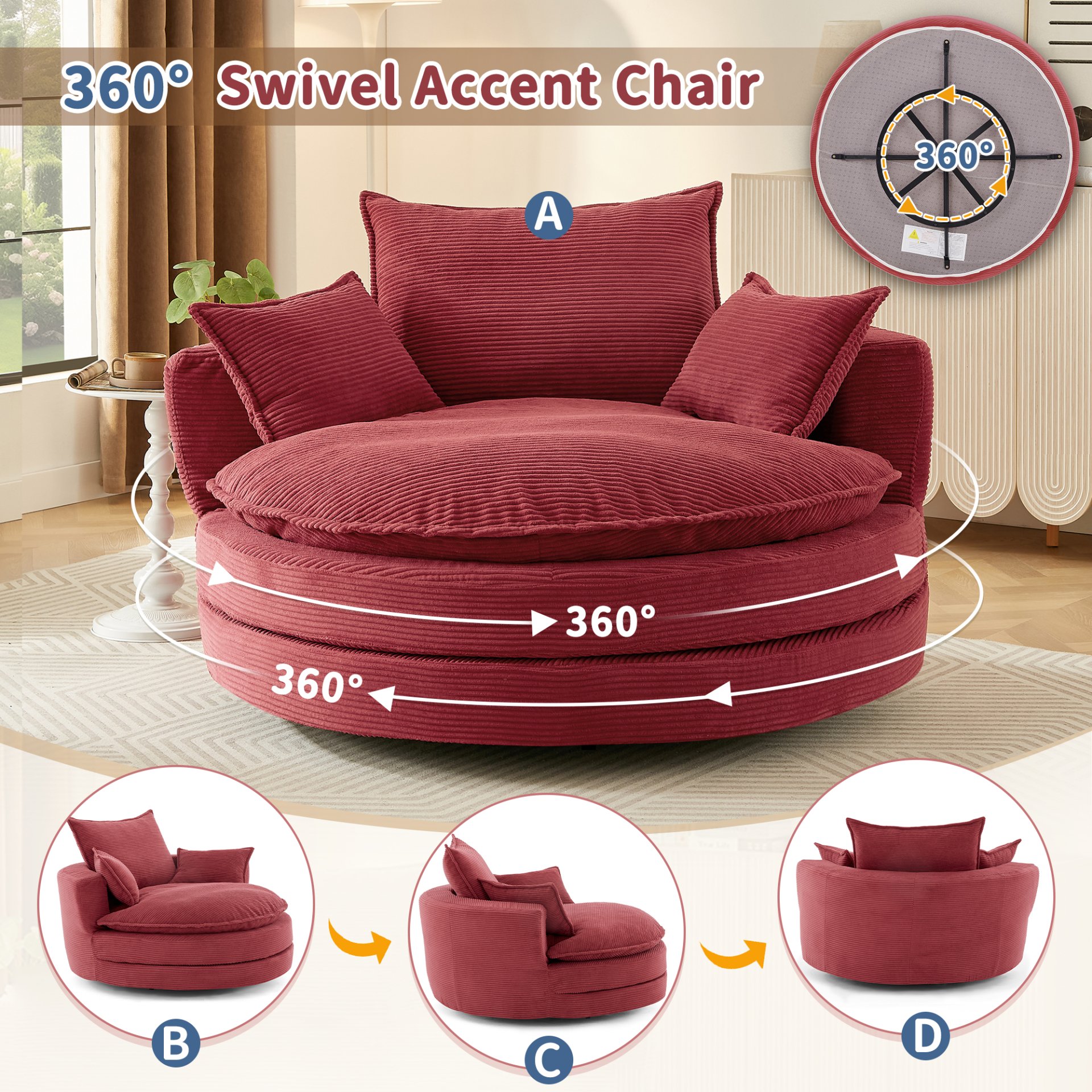 360° Swivel Sofa Chair Accent Barrel Chair With Dual Layer Cushion And Removable Pillows - Red - Image 5