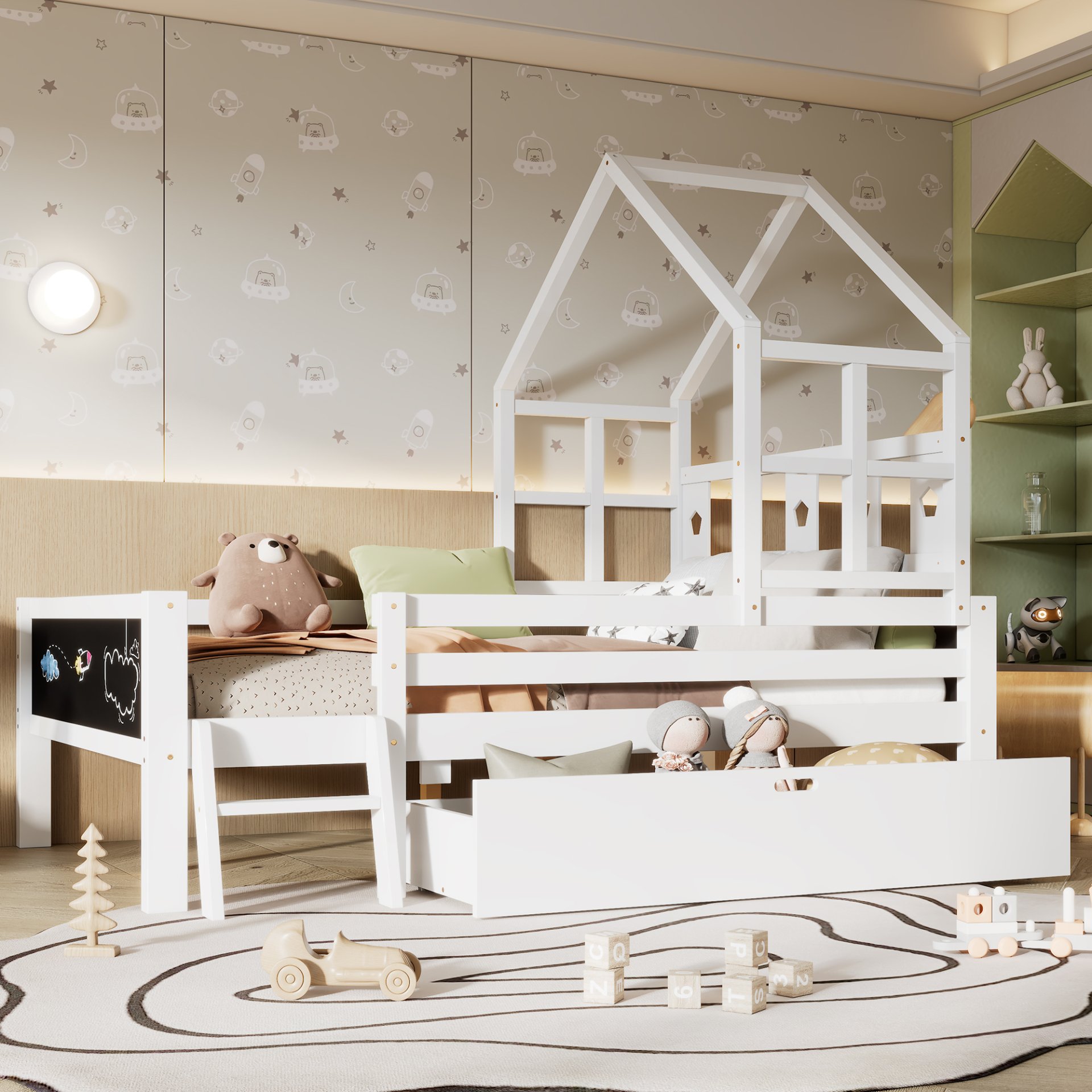 Twin Size House Bed With Ladder, Storage Drawers, And Blackboard Design - White - Image 8