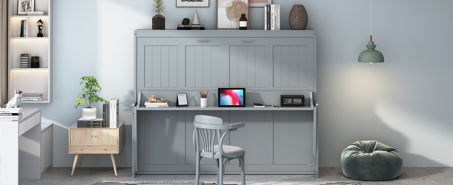 Full Size Murphy Bed With Hydraulic Lift & Desk Design - Gray - Image 17