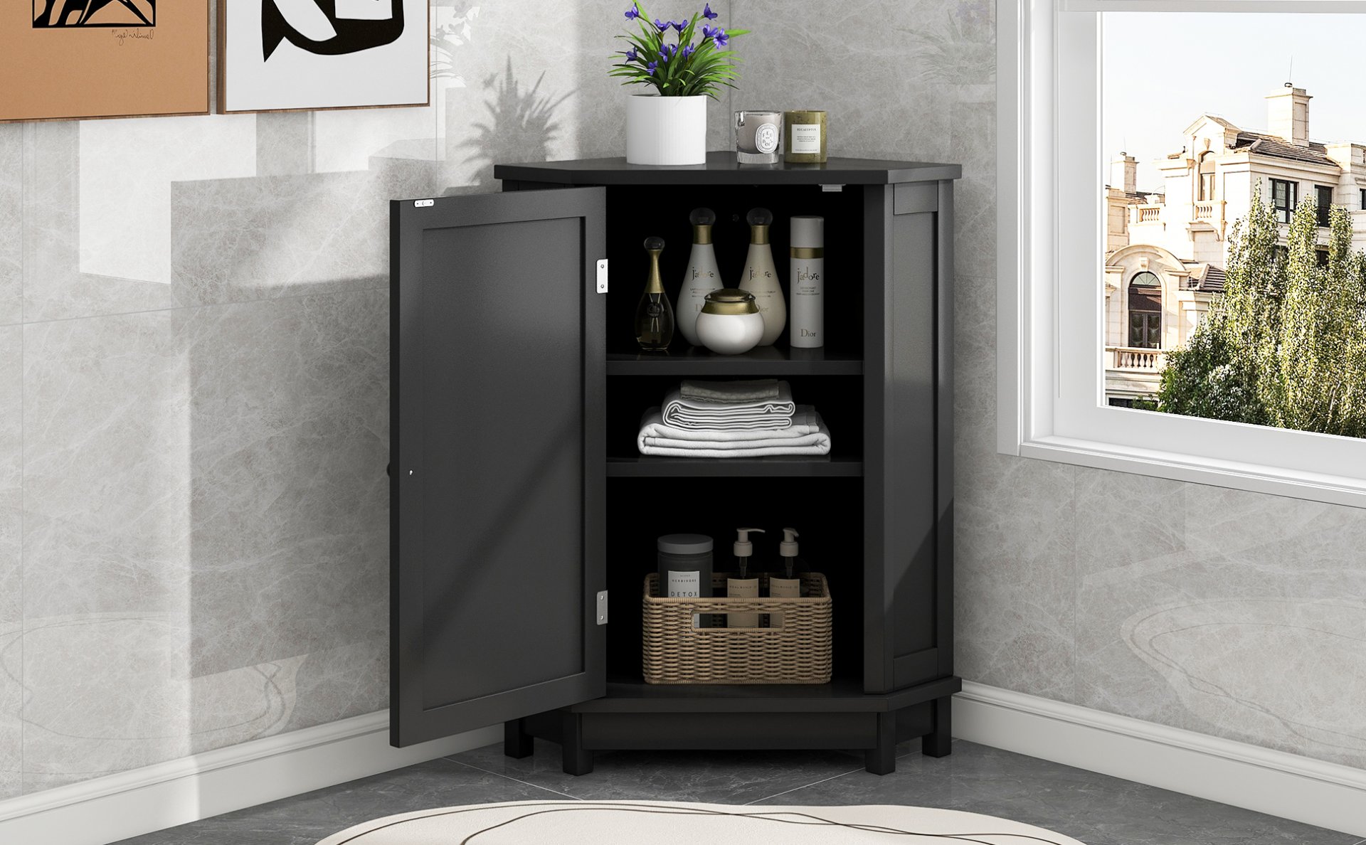 Bathroom Cabinet Triangle Corner Storage Cabinet With Adjustable Shelf Modern Style - Black - Image 26
