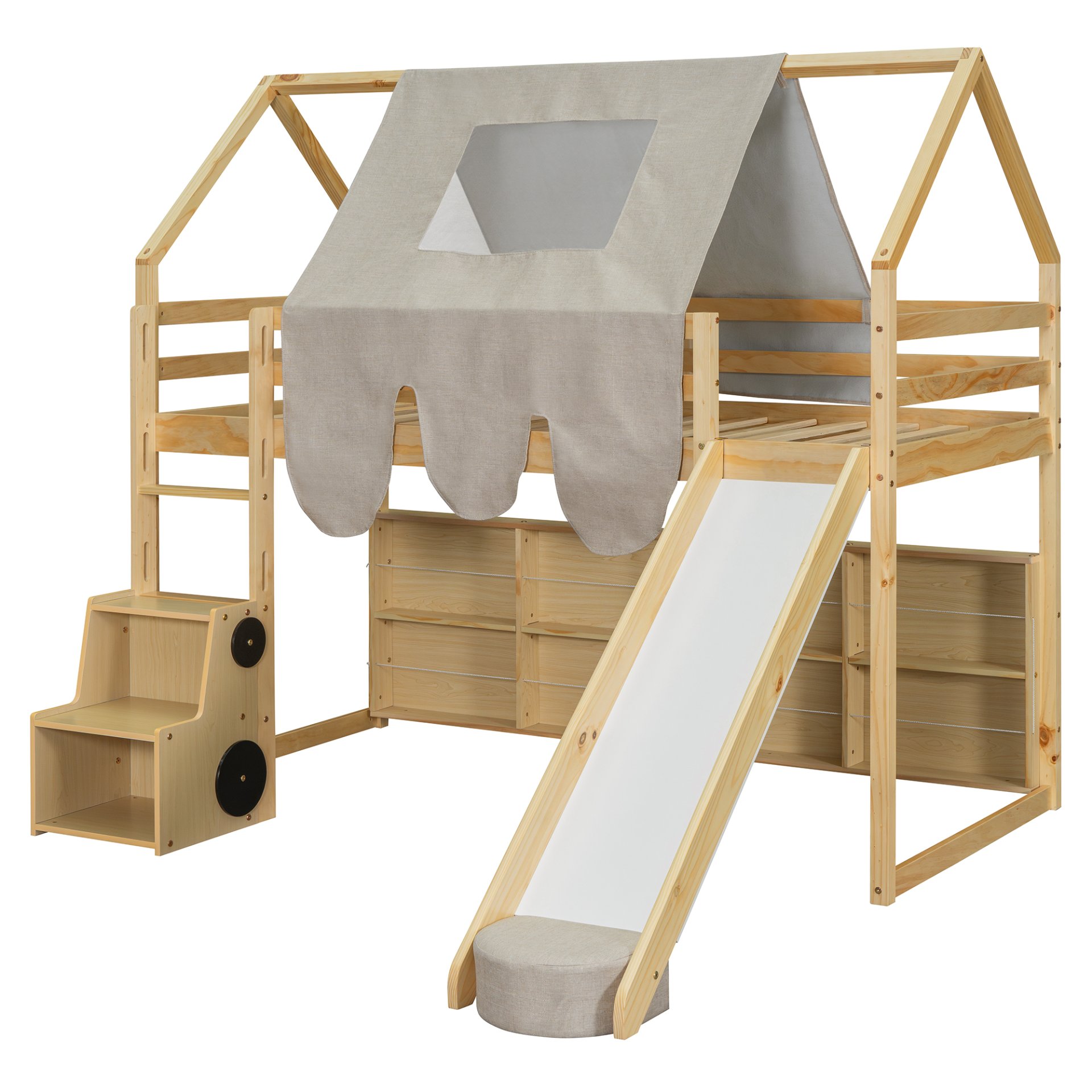 Twin Size Loft Bed With House Shaped Frame And Tent - Natural / Beige - Image 11