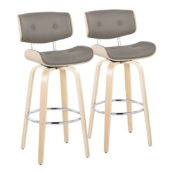 Lombardi - Mid-Century Modern Fixed Height Barstool With Swivel With Round Footrest (Set of 2) - Natural / Light Gray