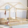 Double Twin House-Style Floor Bed With Fence, Guardrails, Without Door - Natural - Image 11