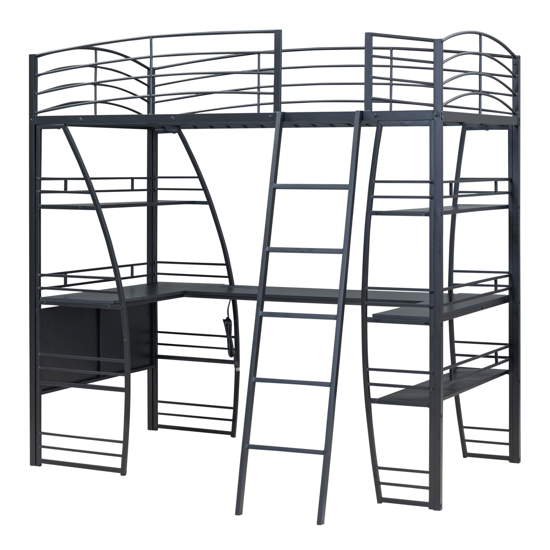 Twin Size Loft Bed With 4 Layers Of Shelves And L-Shaped Desk, Stylish Frame With A Set Of Sockets, USB Ports And Wireless Charging - Black - Image 4