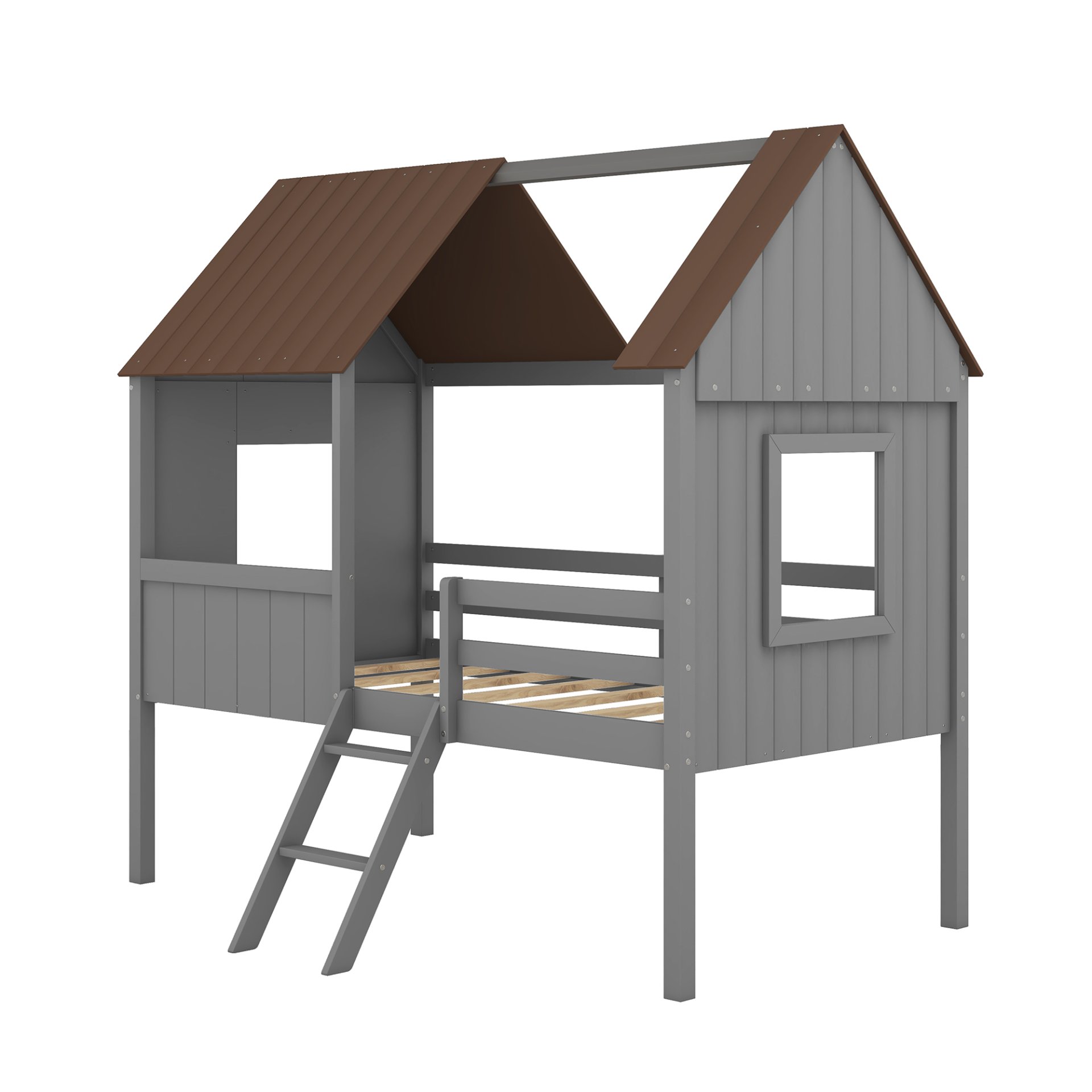 Twin Size Low Loft House Bed With Two Side Windows - Gray / Brown - Image 5