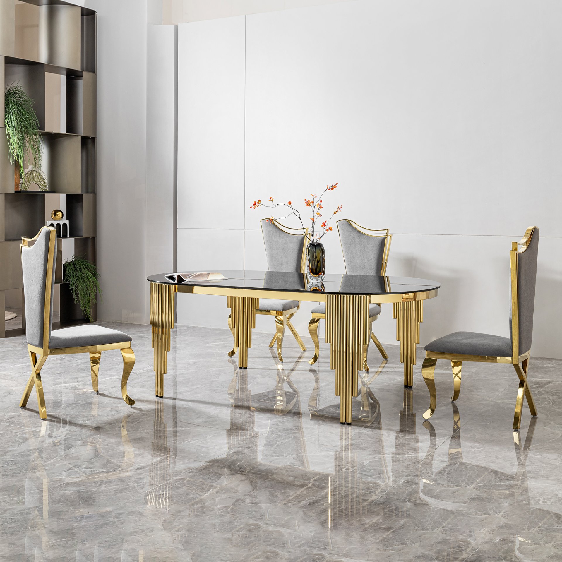 Glass Top Oval Dining Table With Gold Stainless Steel Base For 8 Seats - Gold / Black - Image 5