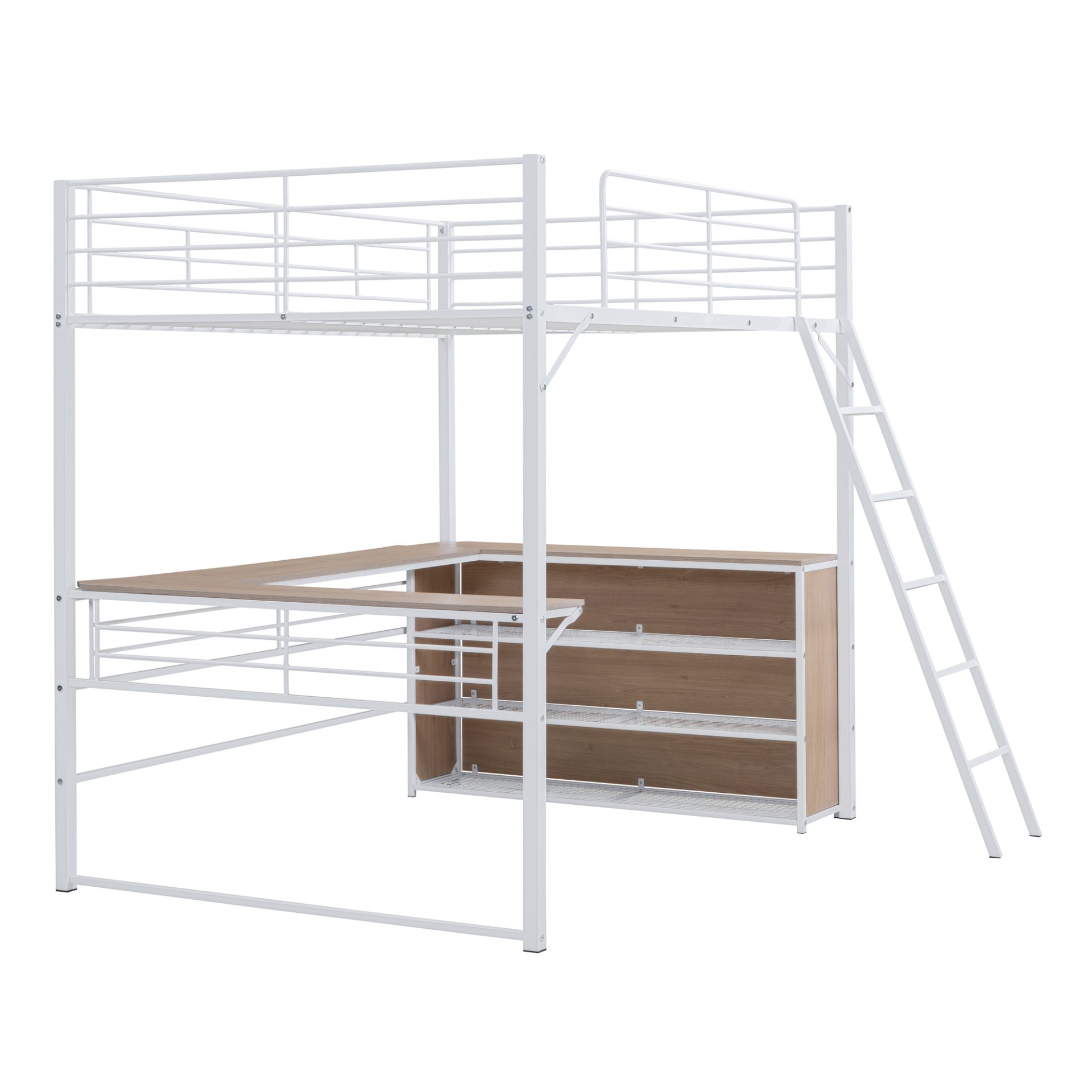 Full Size Loft Bed With 3 Layers Of Shelves And L-Shaped Desk - White - Image 7
