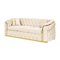 Velvet Button Tufted Sofa Couch With 2 Pillows 3 Seater Luxury Chesterfield Sofa Set With Stainless Steel Accents For Living Room - Beige