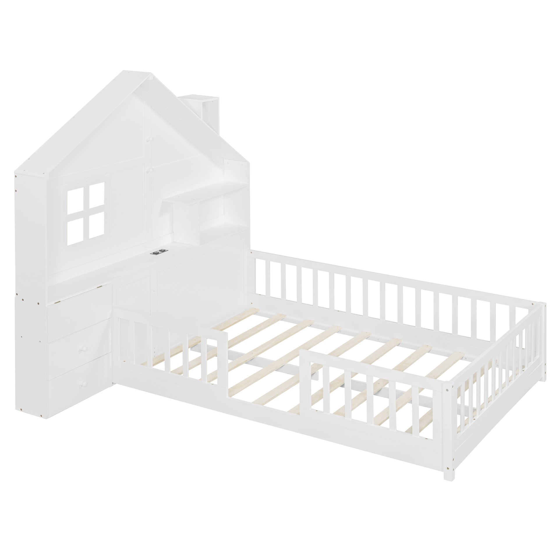 Full Size House Bed With Window And Bedside Drawers, Platform Bed With Shelves And A Set Of Sockets And USB Port - White - Image 8