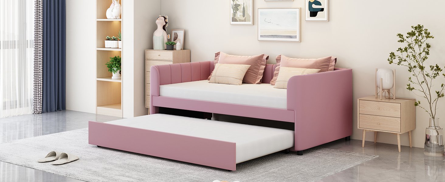 Twin Size Upholstered Daybed With Ergonomic Design Backrest And Trundle - Pink - Image 14