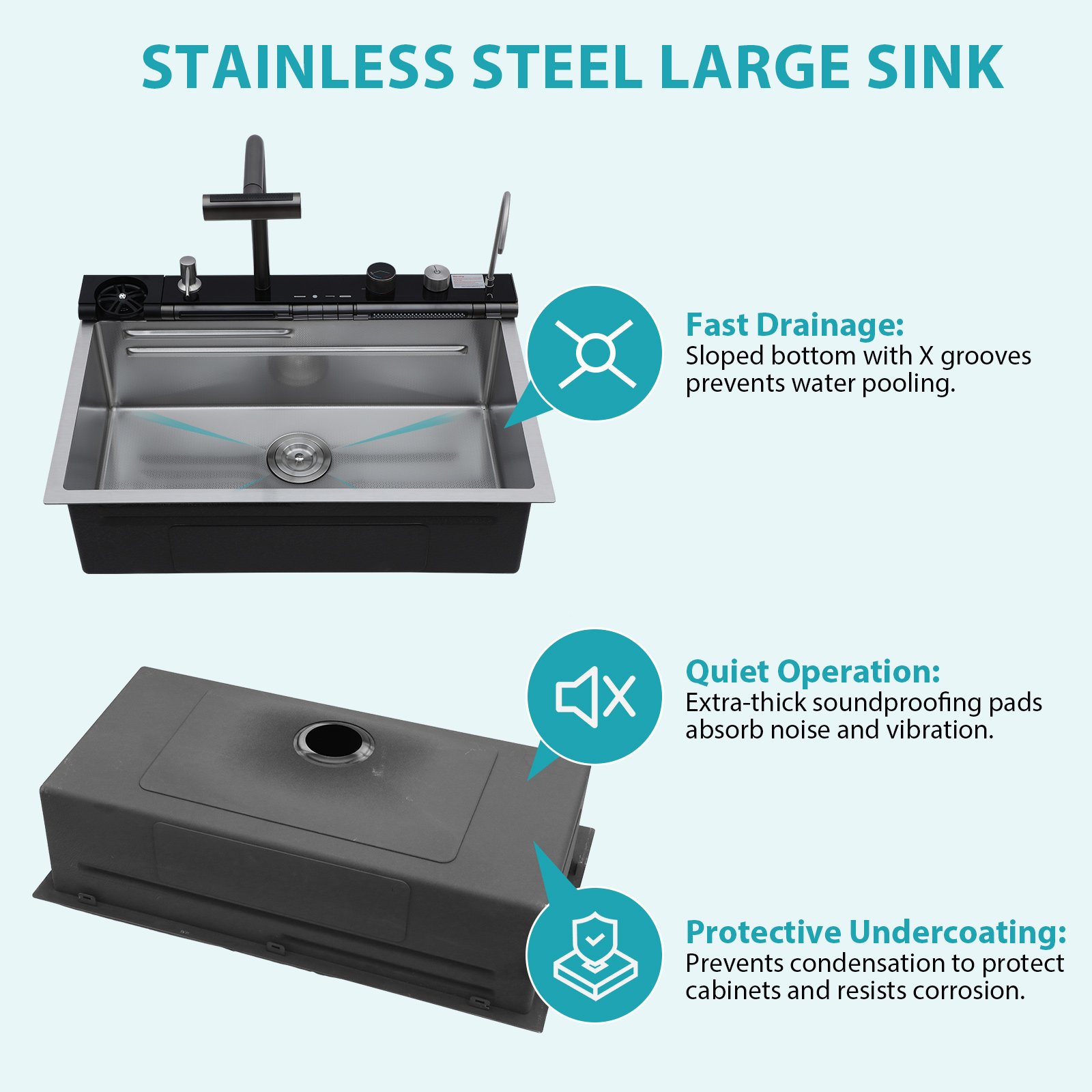 30" Kitchen Sink Waterfall Single Bowl Ledge Workstation With Smart LED Faucet, 16 Gauge T304 - Brushed Nickel - Image 10