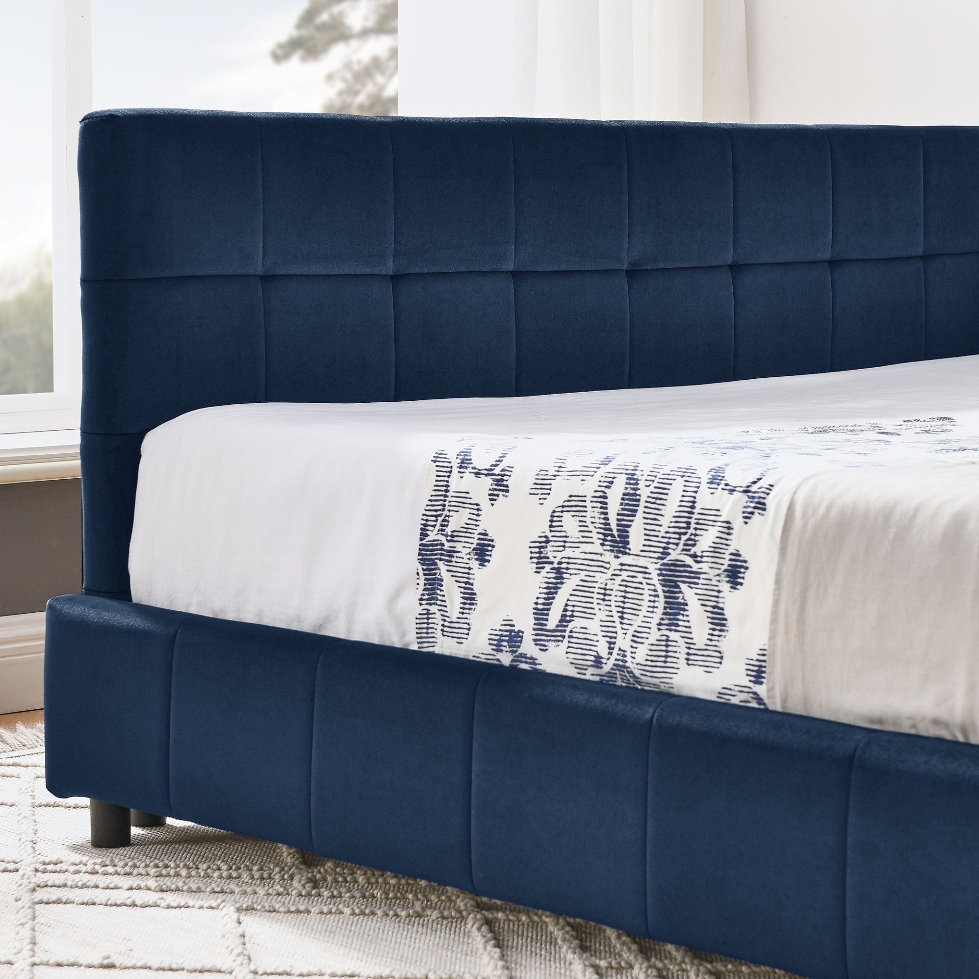 Mid Century Velvet Full Size Upholstered Tufted Bed Frame With Comfortable Backrest And Armrests - Dark Blue - Image 9