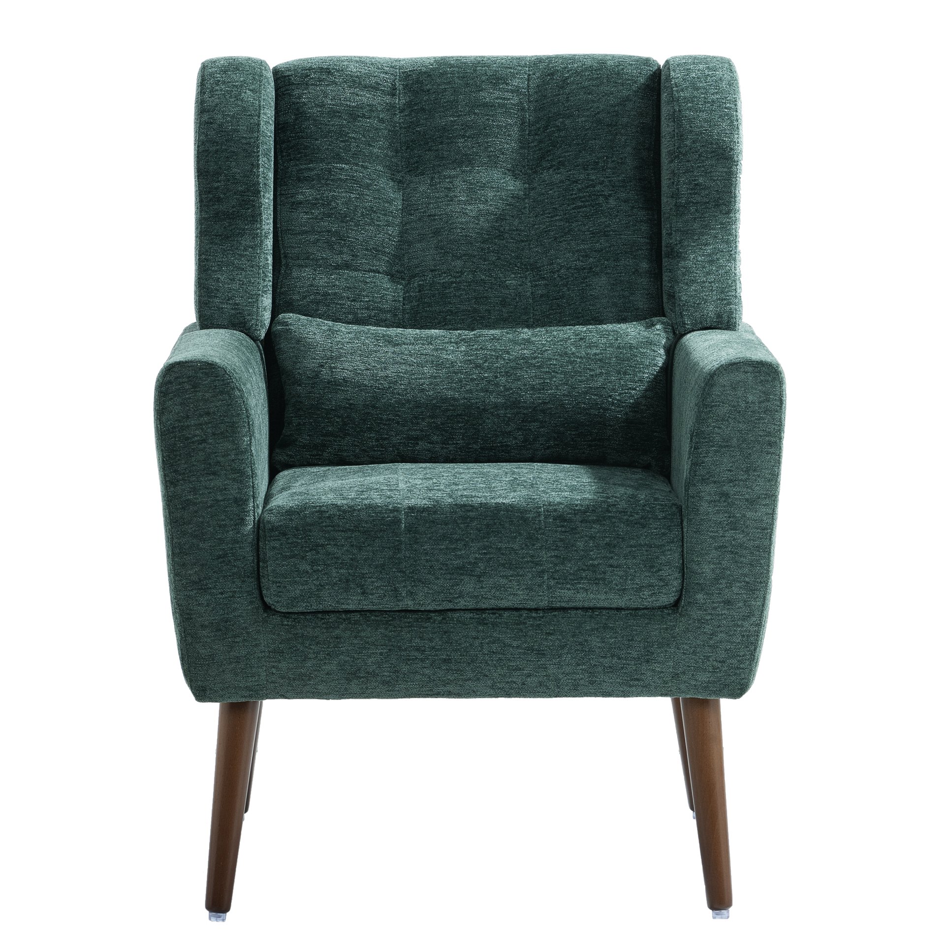 Modern Accent Chair, Chenille Arm Chairs For Living Room, Upholstered Mordern Armchair, Comfy Soft Padded Lounge Chair In Small Space, Bedroom, With Pillow, Solid Wood Leg - Blackish Green - Image 8