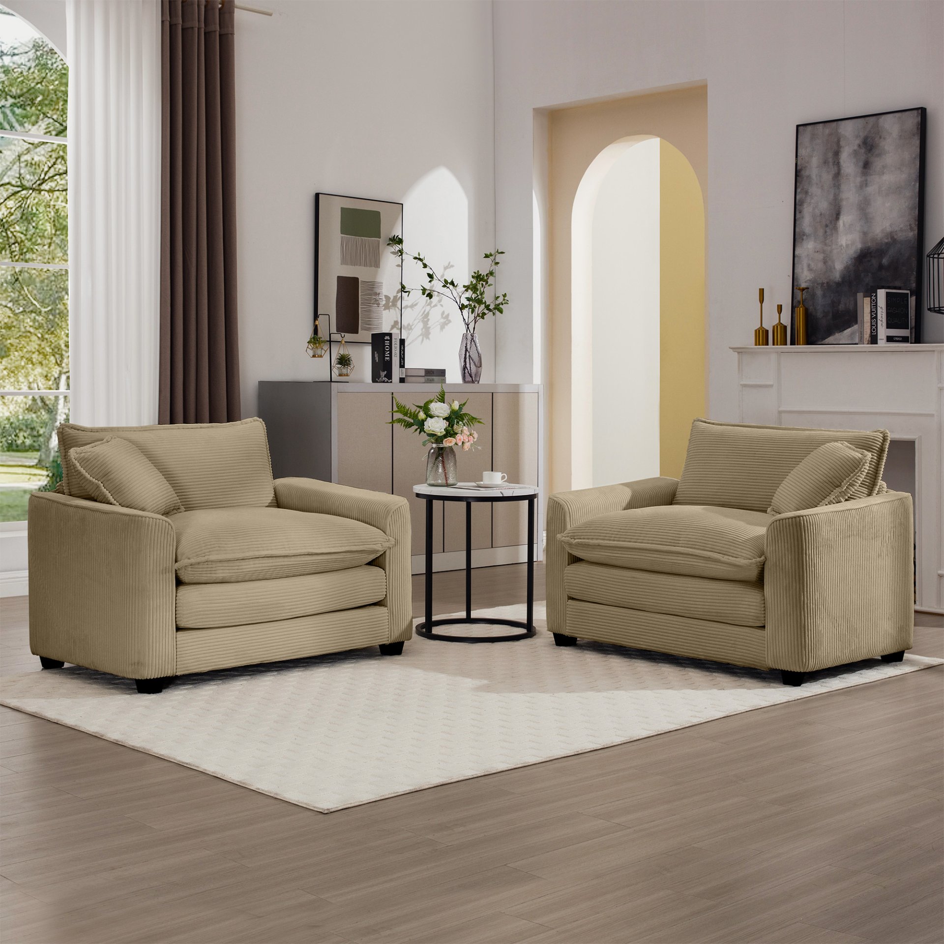 Luxurious Deep Seated Sofa Set With 2 Single Chairs Corduroy For Bedroom And Office - Tan - Image 13