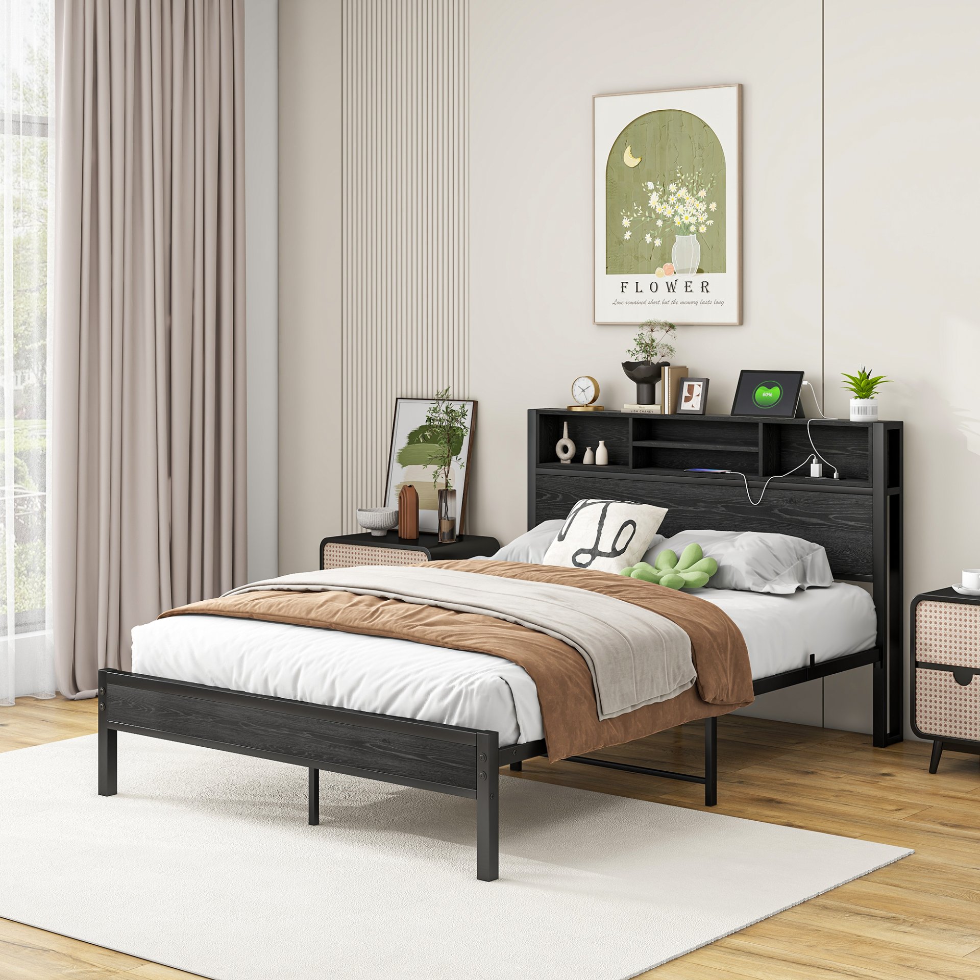 Modern Full Size Metal Platform Bed Frame With Storage Headboard And Charging Station - Black - Image 5