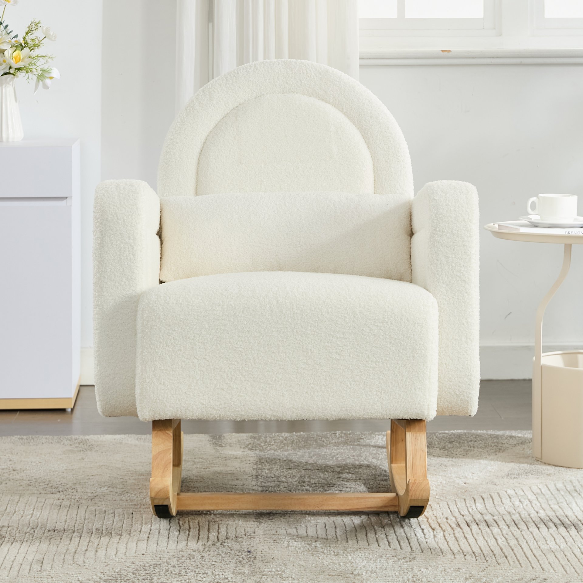 Accent Rocking Chair With Curved Back & Pillow, Base, Ultimate Comfort For Living Room Or Nursery - Cream White - Image 5