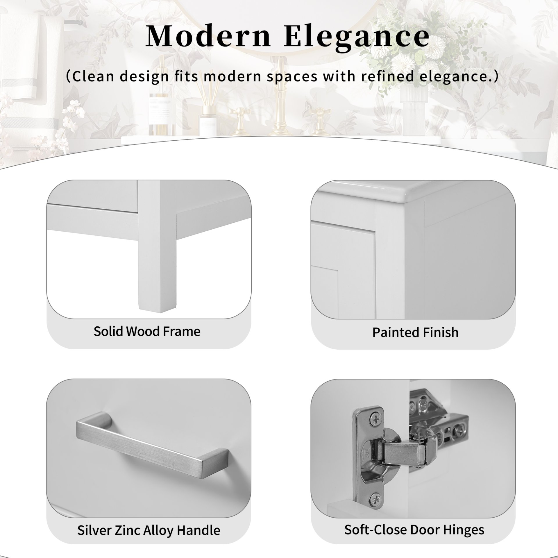 24" Bathroom Vanity With Integrated Undermount Sink, Soft Close Doors, 2 Doors 1 Drawer Storage - White - Image 8