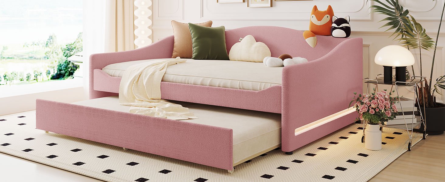 Full Size Upholstered Daybed With Light And Trundle - Pink - Image 15