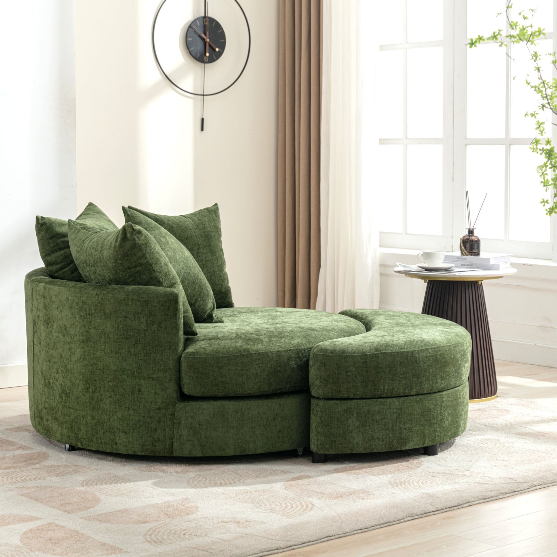 360° Swivel Accent Barrel Chair With Storage Ottoman & 4 Pillows, Modern Chenille Leisure Chair Round Accent For Living Room - Green - Image 12