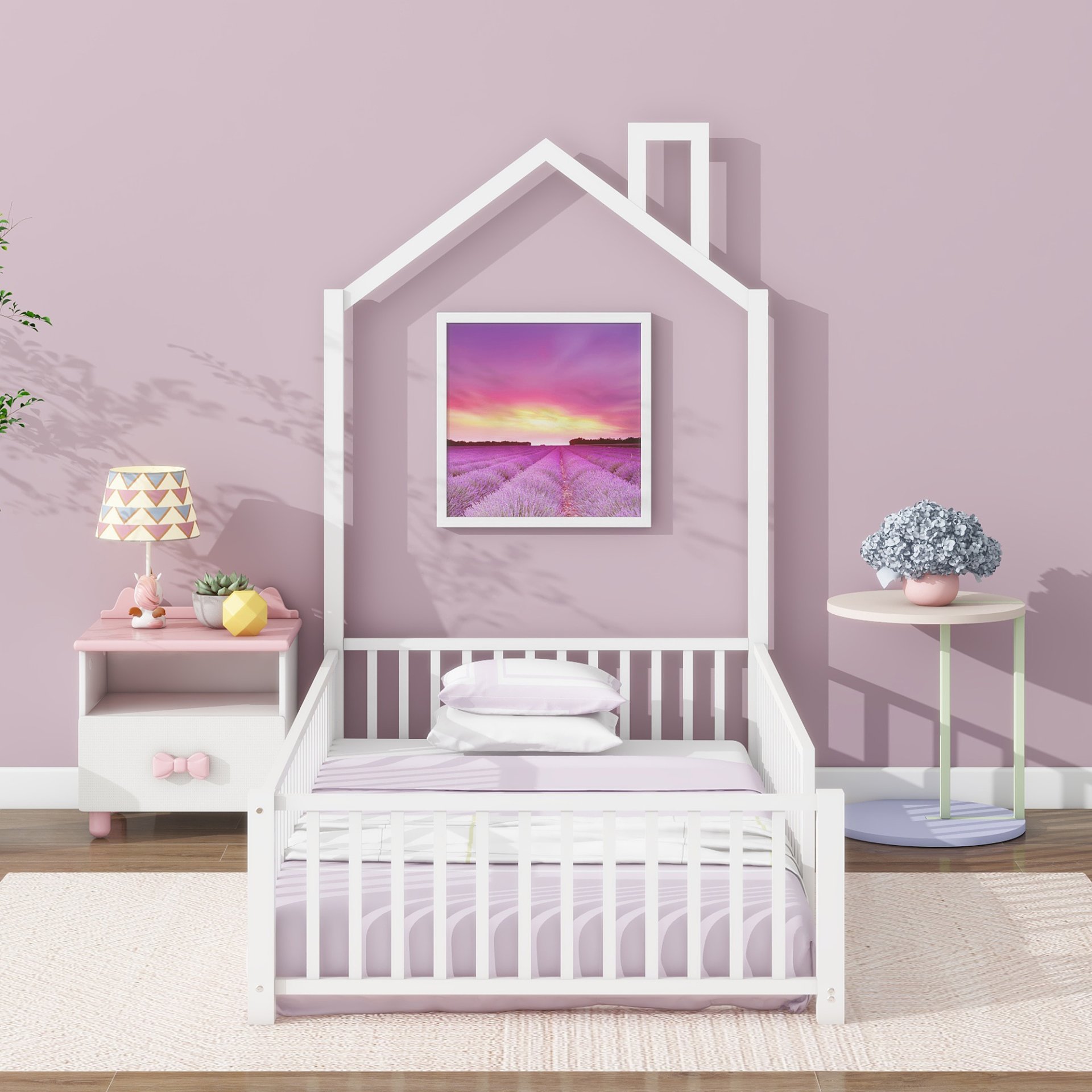 Twin Size Metal House Platform Bed With Guardrail And Chimney - White - Image 4