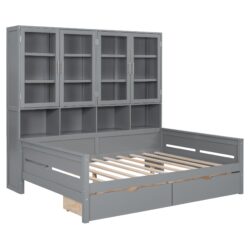 Full Size Daybed With Glass Door Storage Cabinets, Built In LED Lighting And Shelves - Gray