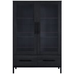 Modern Style Tall Display Cabinet With LED Lighting, Tempered Glass Door, 2 Drawers - Black