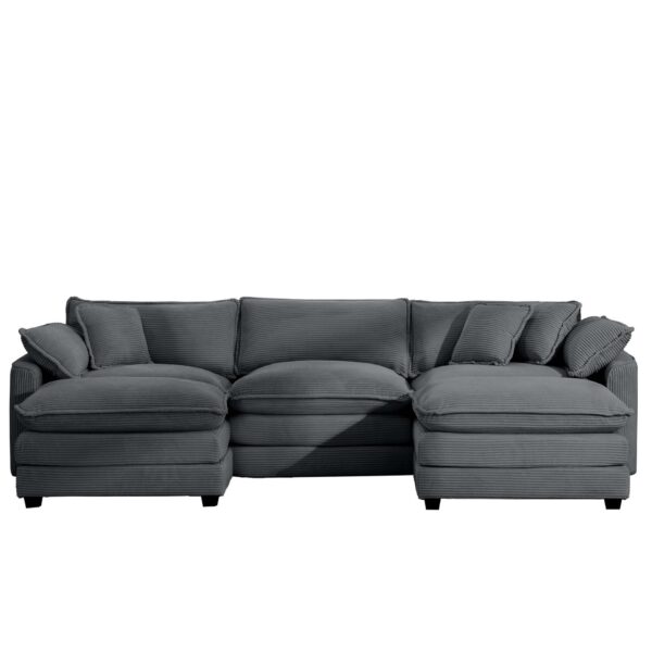 Modern Oversized Modular Cushion Sofa With Ottoman Corduroy L Shaped Low Back Deep Seating Sofa Set - Gray