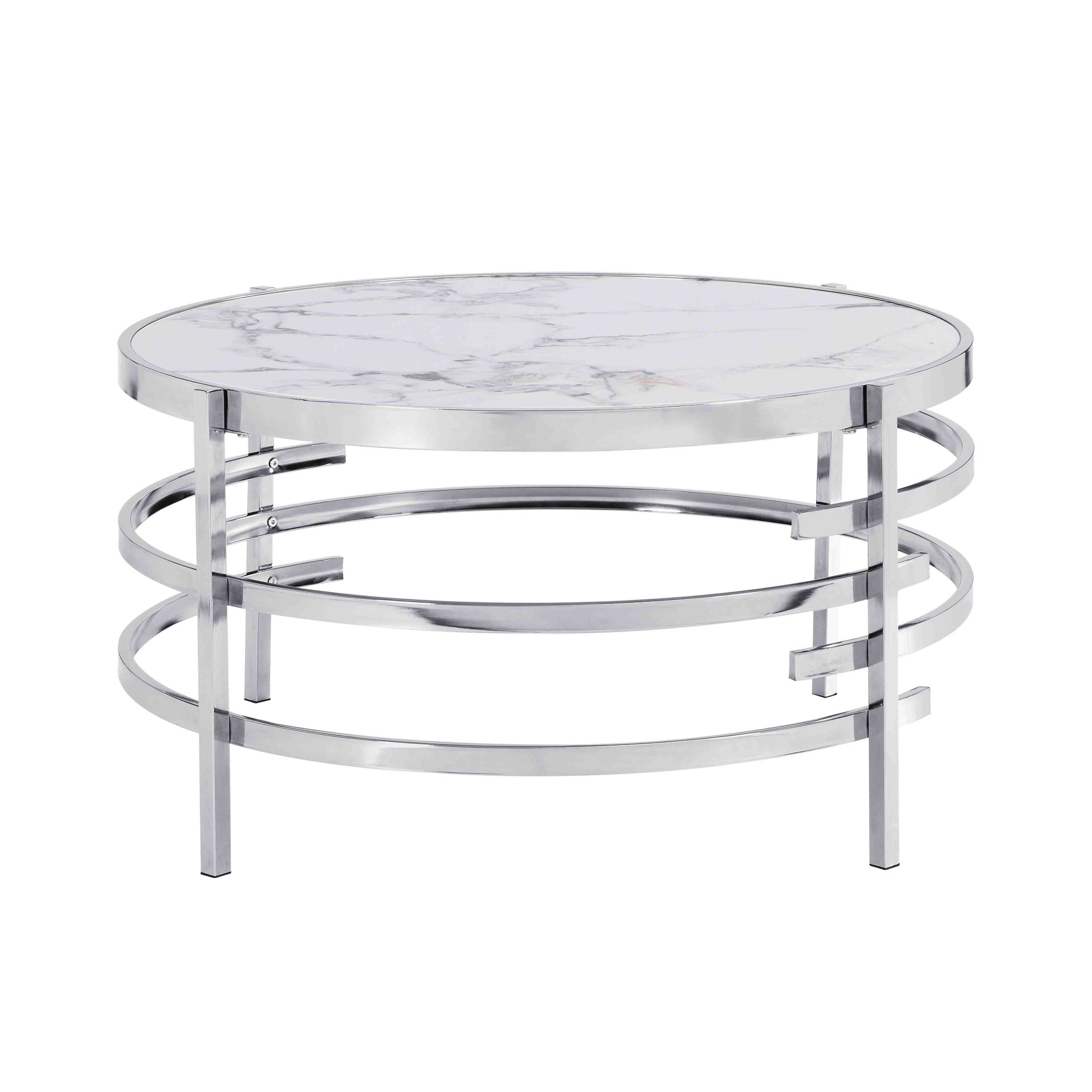 32.48'' Chrome Round Coffee Table With Sintered Stone Top & Sturdy Metal Frame, Modern Coffee Table For Living Room - Silver - Image 6