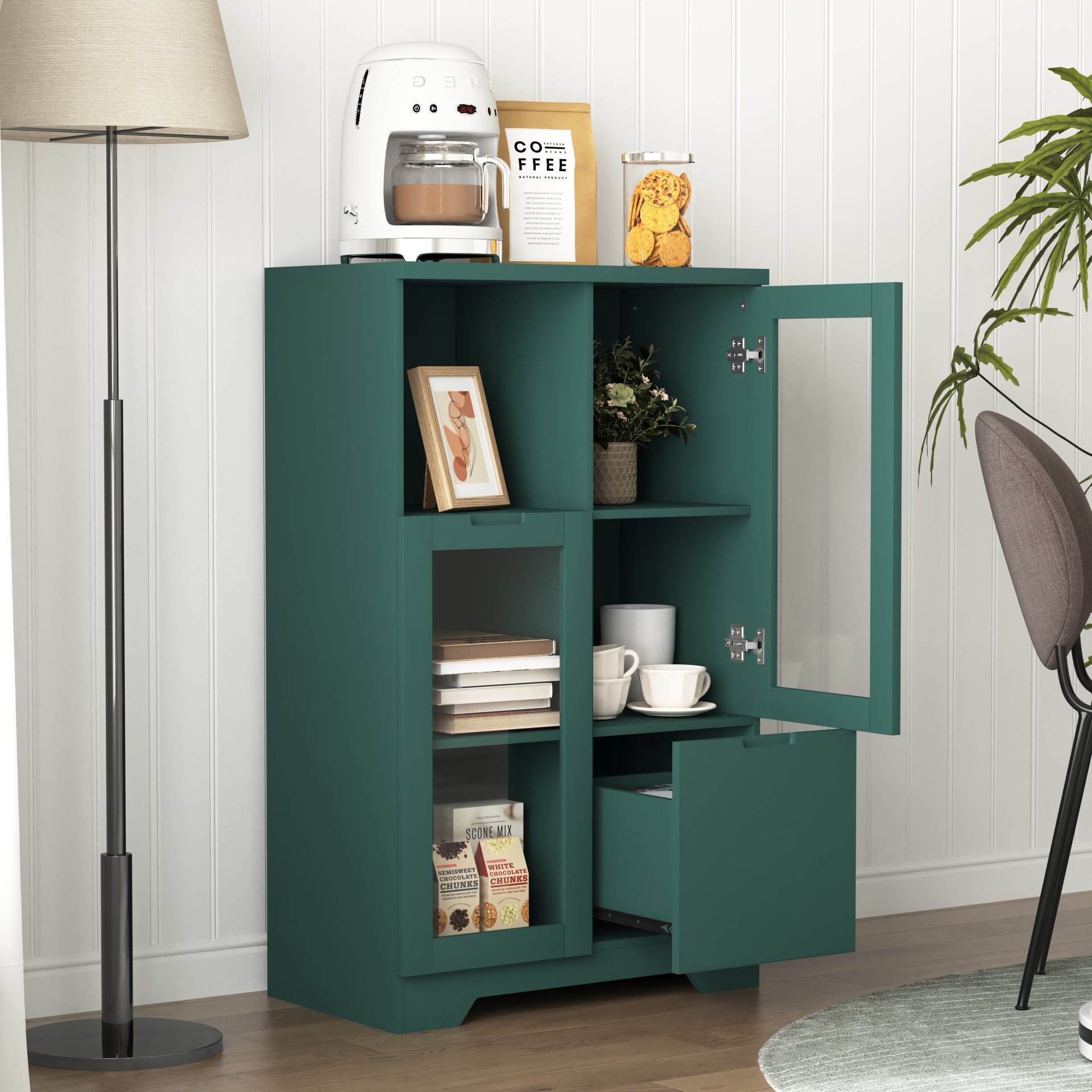 Modern Painted Cabinet With Glass Doors And Drawer - Green - Image 5
