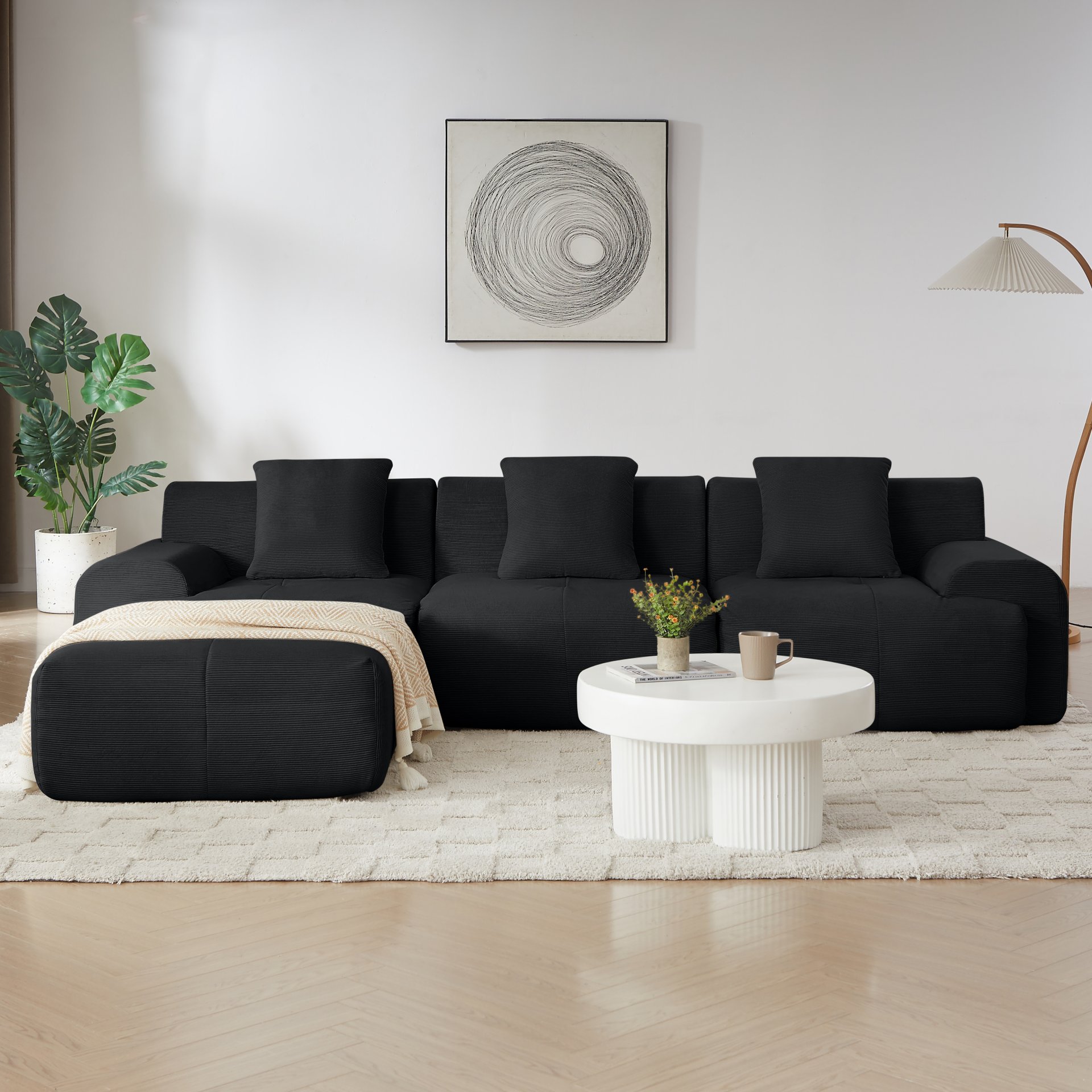 L Shaped Modular Sectional Sofa, Oversized 3 Seater With Deep Seat And Movable Ottoman - Black - Image 7