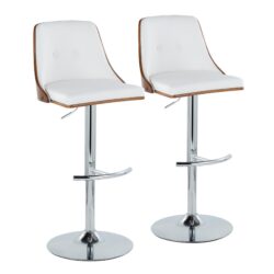 Gianna - Mid-Century Modern Adjustable Barstool With Swivel With Rounded T Footrest (Set of 2) - Chrome / Walnut / White