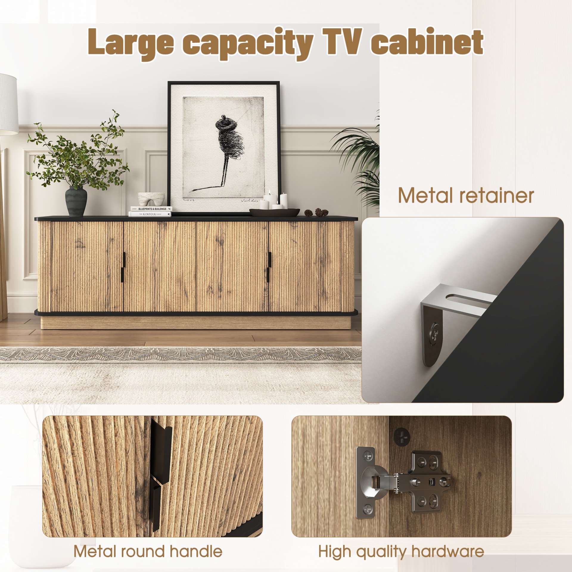 Grain 4 Door TV Cabinet, An Ideal Choice For TV And Item Storage In Modern Homes, A Perfect Blend Of Nordic And Modern Minimalist Styles - Black - Image 10