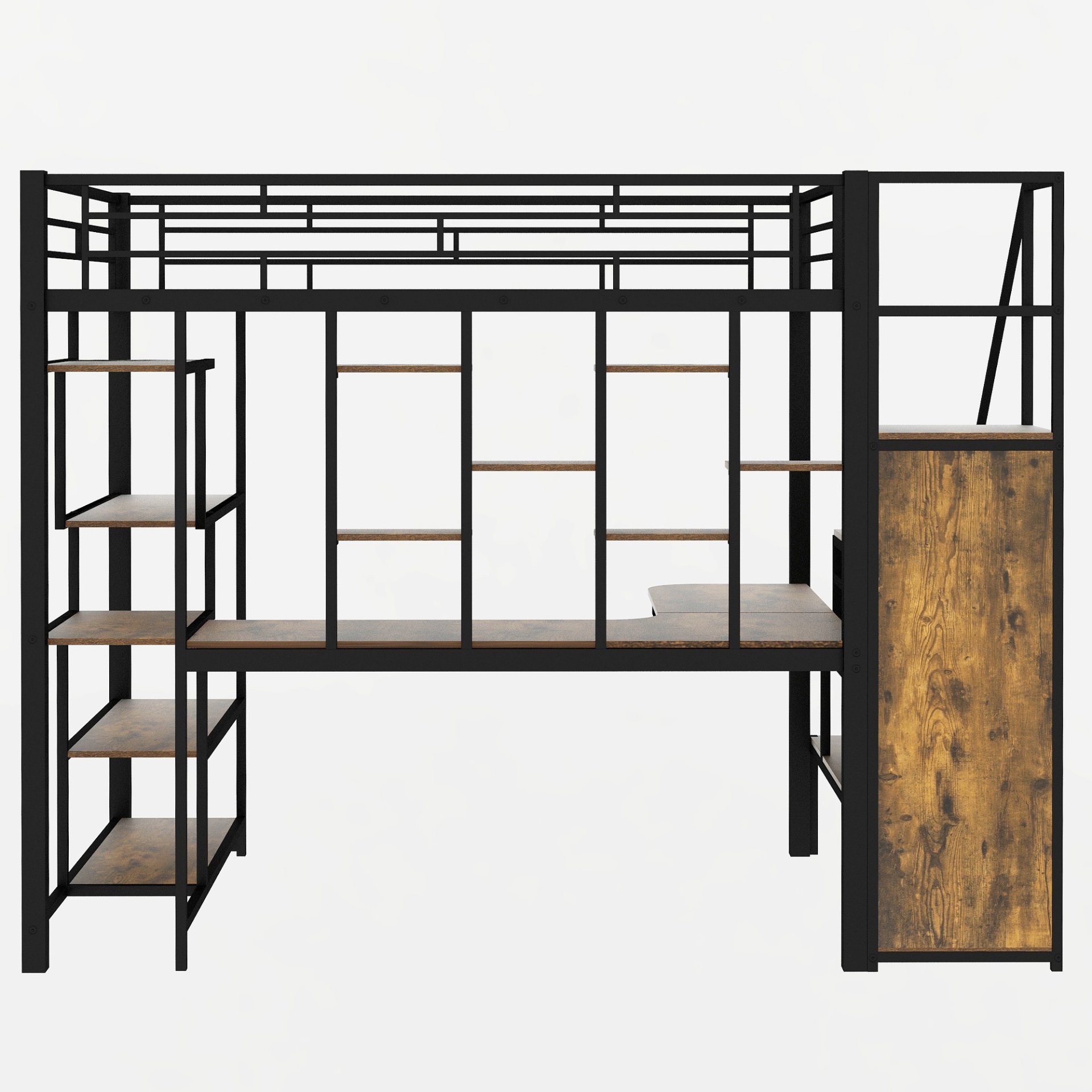 Full Size Metal Loft Bed With Storage Staircase And Small Wardrobe, Built - In Desk And Storage Shelves - Black - Image 14