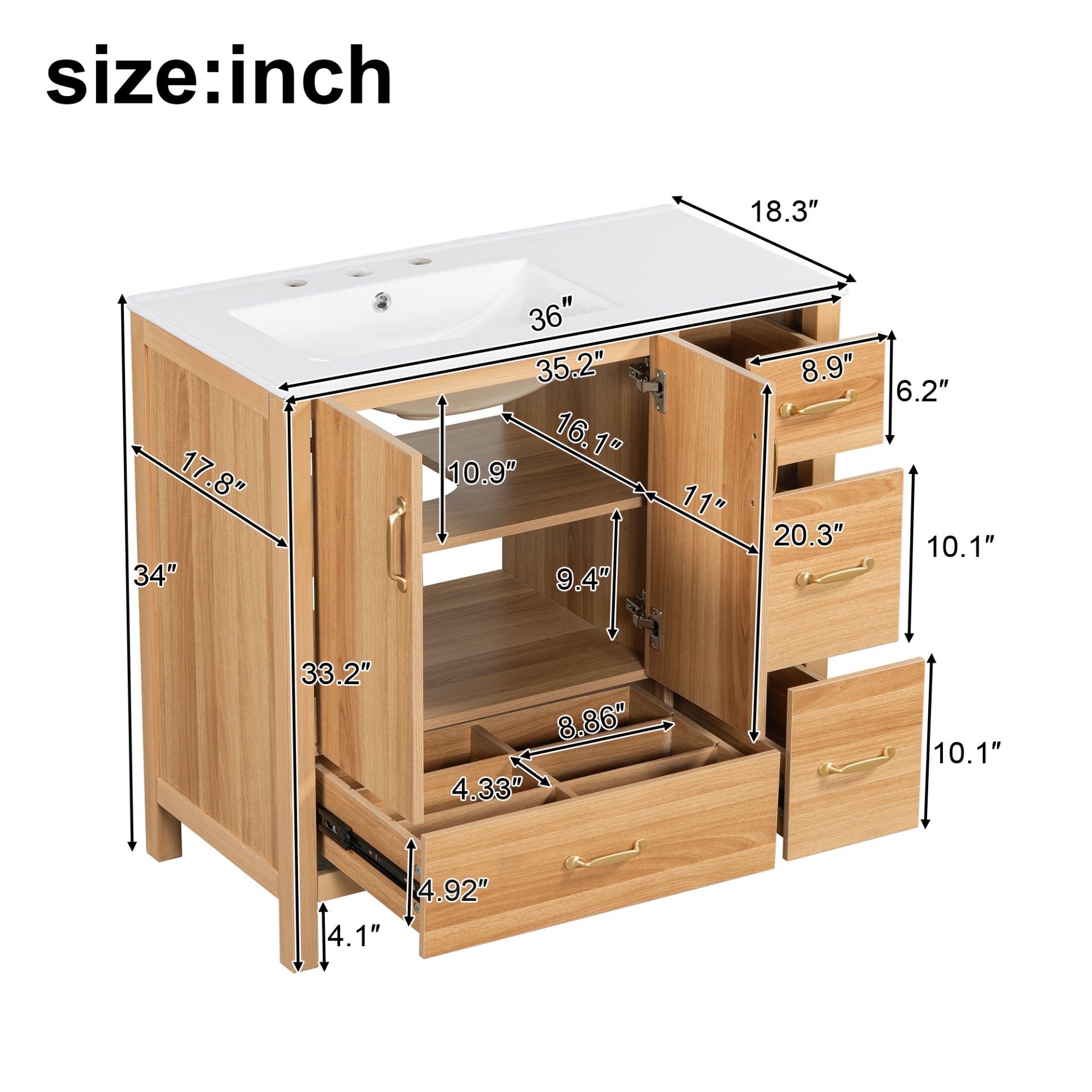 36" Bathroom Vanity, 2 Soft Close Doors, 4 Soft Close Drawers, Adjustable Shelf, Storage Cabinet - Acacia Wood - Image 3