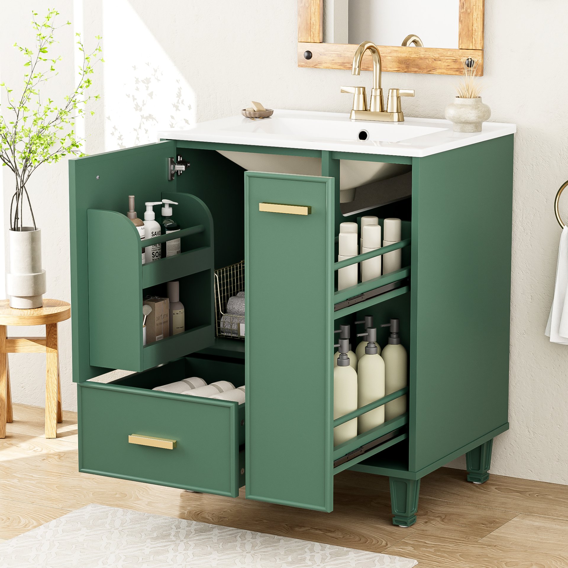 Solid Wood And 24" Bathroom Vanity With Sink, Deep Drawer, Door Shelf, 2 Tier Basket - Green - Image 2