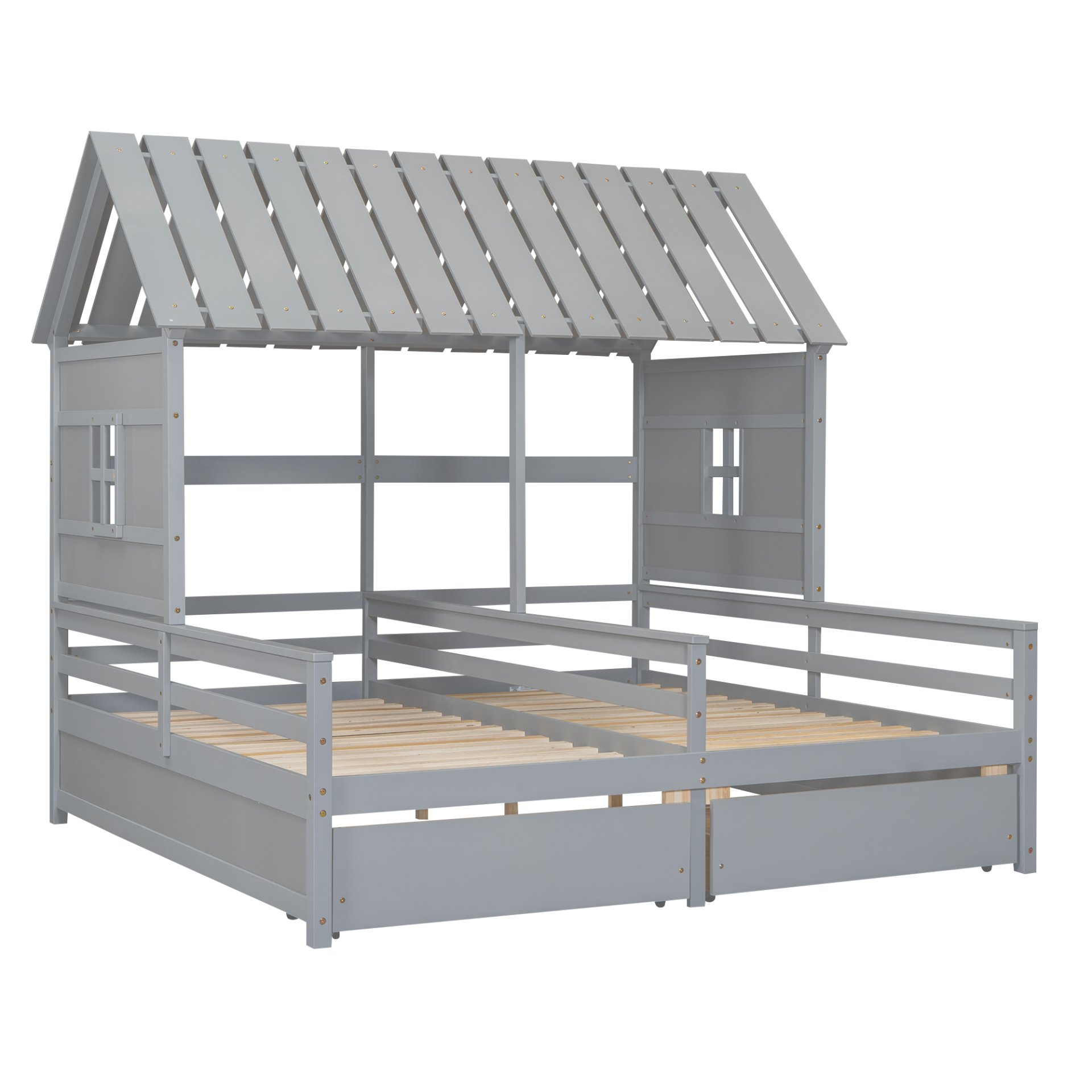 Twin Size House Platform Beds With 2 Drawers For Shared Use - Gray - Image 5