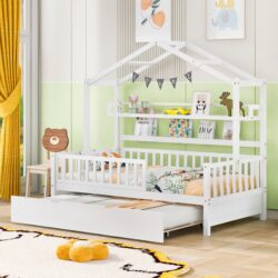 Twin Size House Bed With Trundle, Kids Bed With Shelf - White