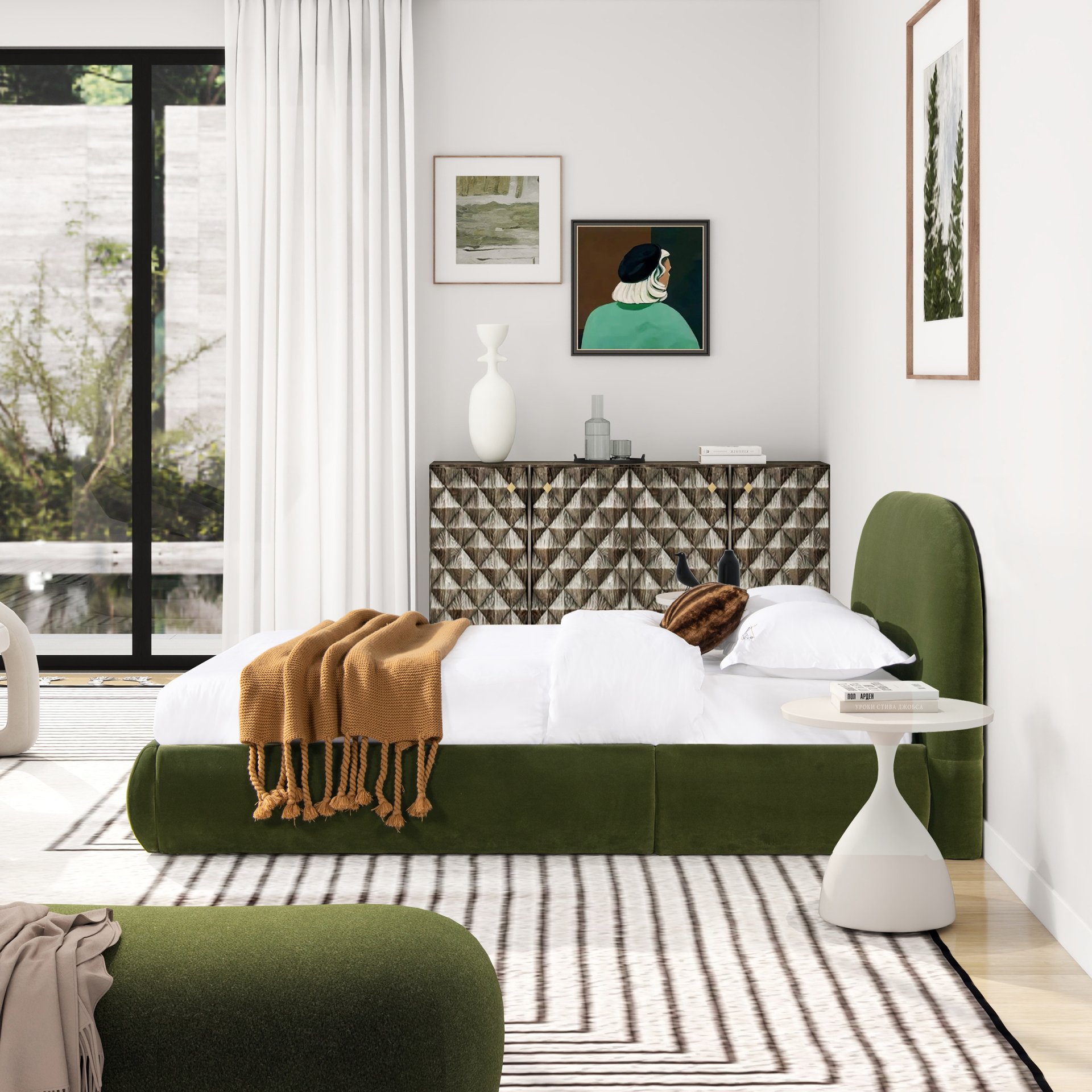 Archie - Queen Puffy Grounded Upholstered Platform Bed - Olive Green - Image 6