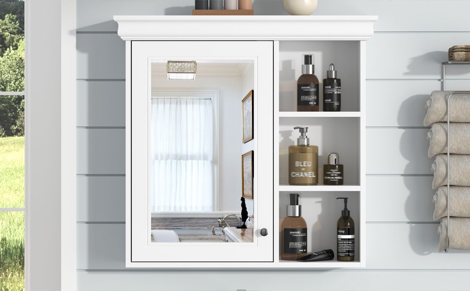 Bathroom Medicine Cabinet With Mirror, Wall Mounted Mirror Cabinet & Storage Organizer, Over The Toilet Storage White Storage Cabinet For Bathroom - White - Image 21