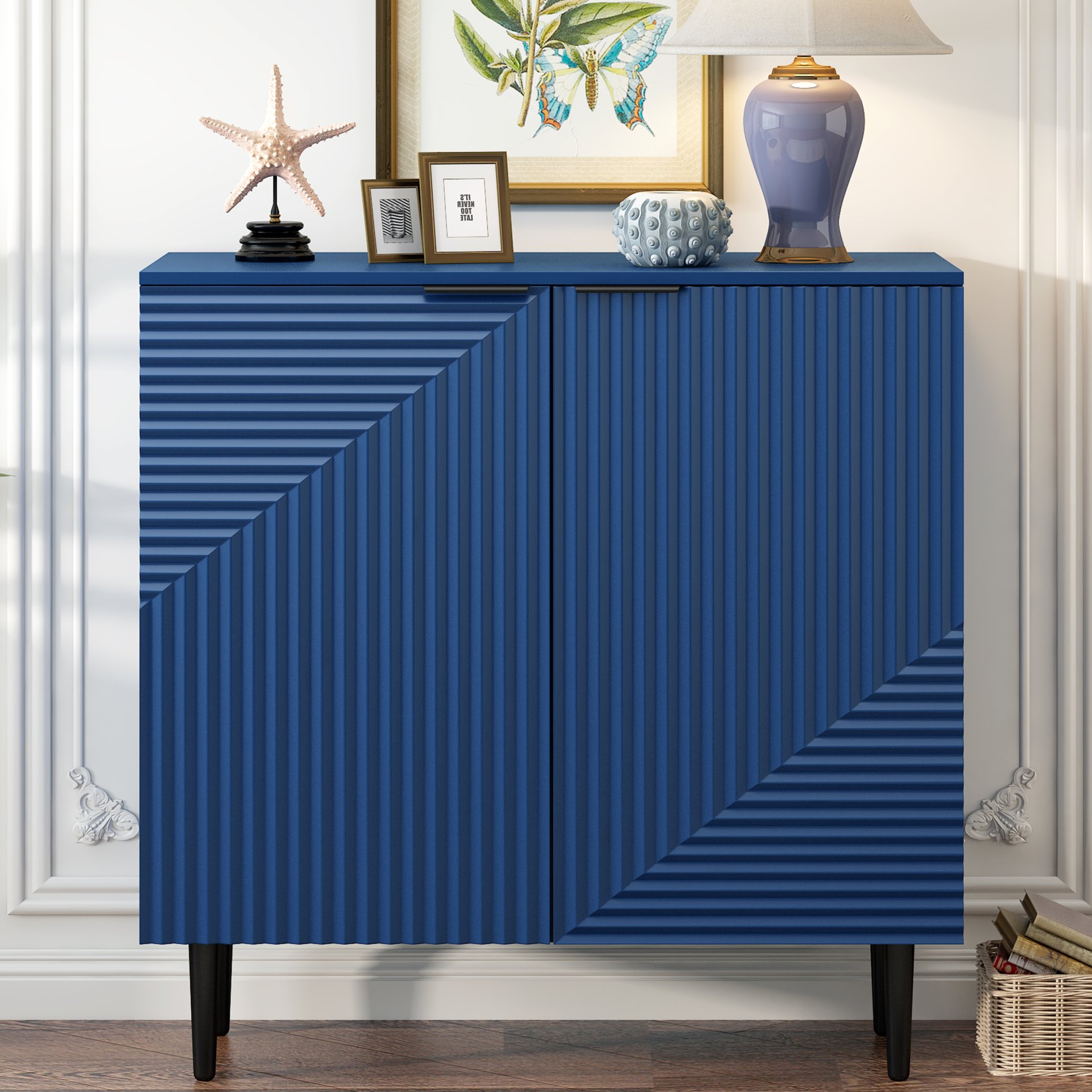 Side Cabinet With Adjustable Shelves And Geometric Door Panels - Navy Blue - Image 2