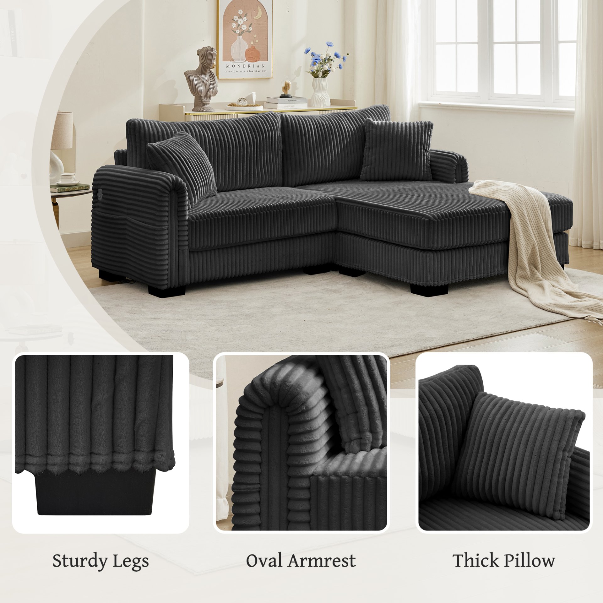 2 Seater L Shaped Chaise Sofa With Reversible Cushion Corduroy Fabric, USB - C Charging Port, Storage Pocket, Convertible Left / Right Design For Living Room - Gray - Image 7
