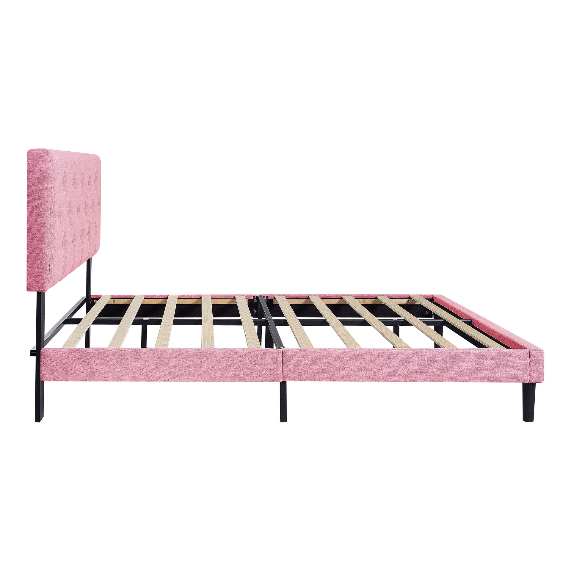 Modern Upholstered Queen Size Platform Bed Frame With Button Tufted Linen Headboard - Pink - Image 6
