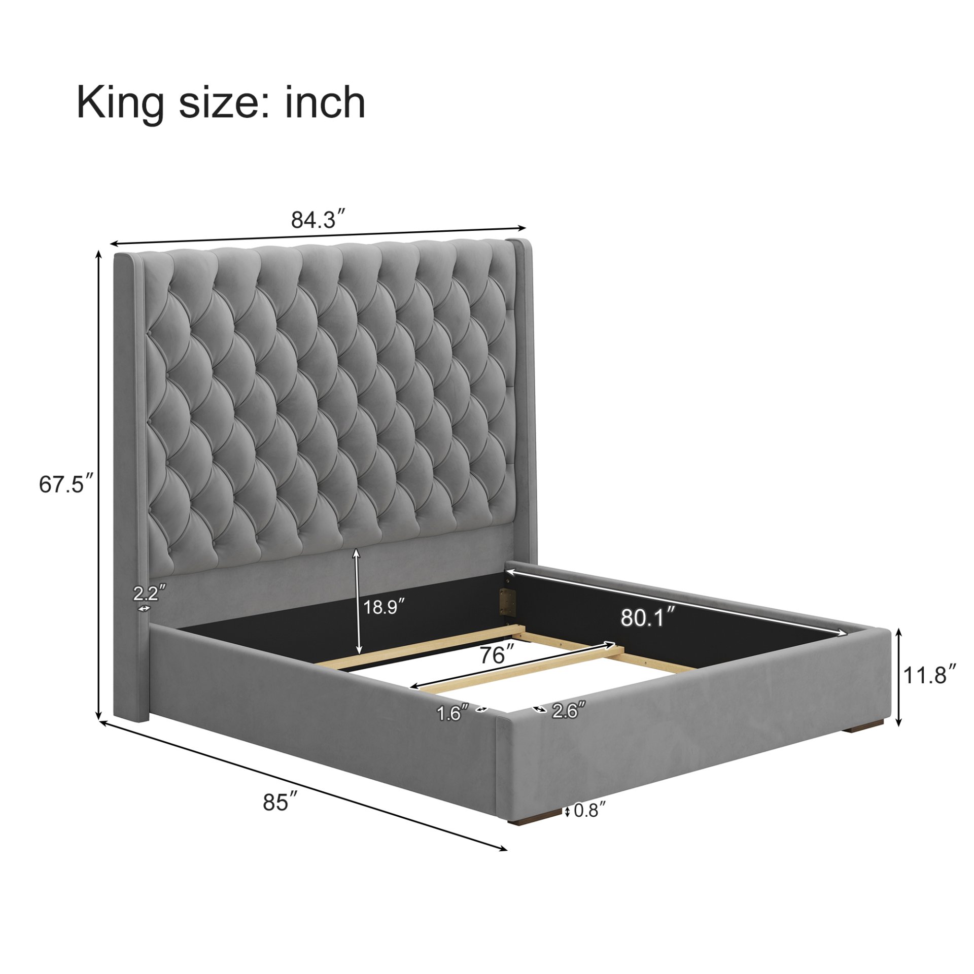 Tall Headboard Upholstered King Size Bed With Handmade Deep Button Tufted, Box Spring Needed, Velvet - Gray - Image 4