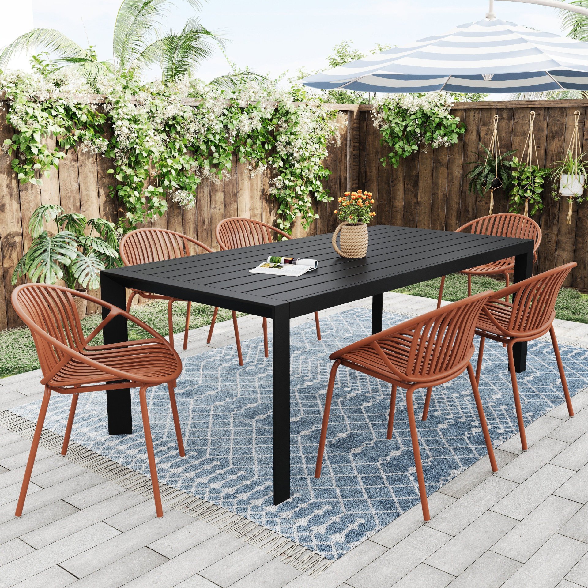 Contemporary Patio Dining Chairs (Set of 2) Stackable Outdoor Chairs With Breathable Plastic Backrest, Metal Legs - Orange - Image 6